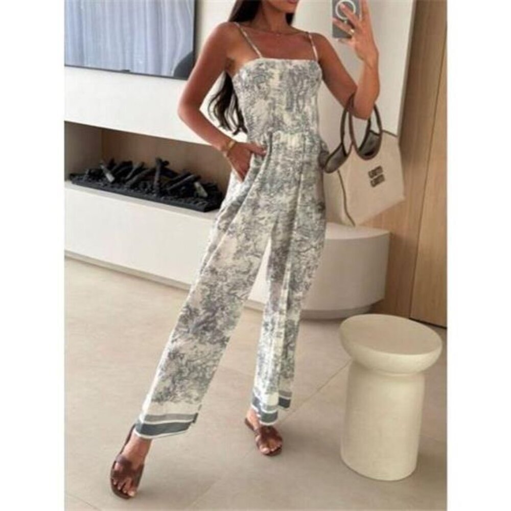 Printed Smocked Wide Leg Jumpsuit
